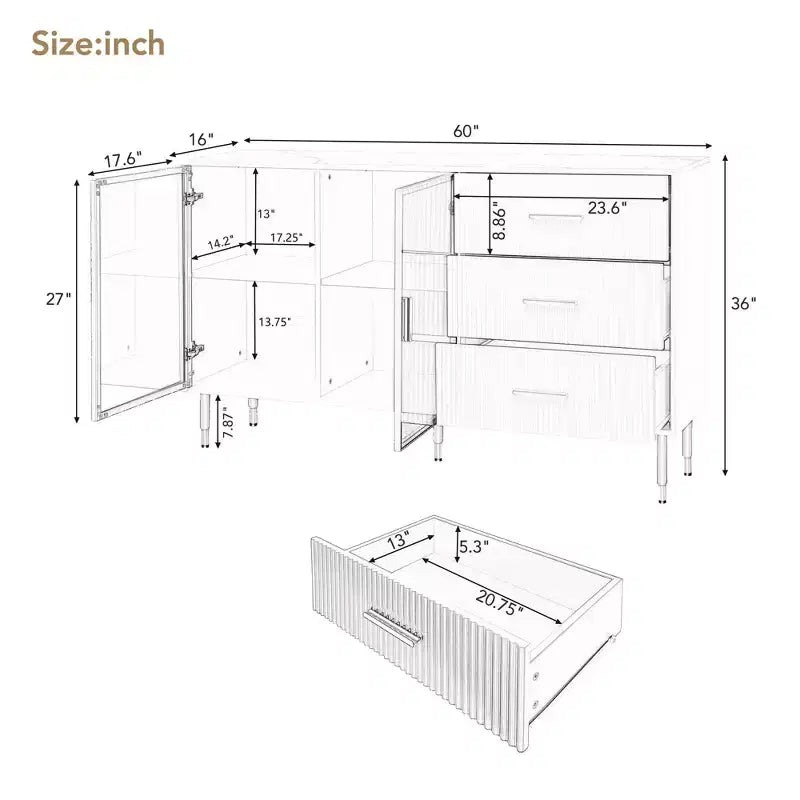 Buffet en MDF avec plateau effet marbre et pieds en métal doré 54,4 kg