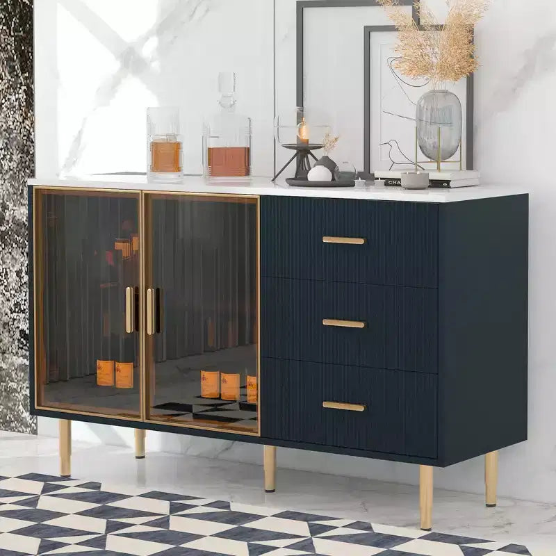 Buffet en MDF avec plateau effet marbre et pieds en métal doré 54,4 kg