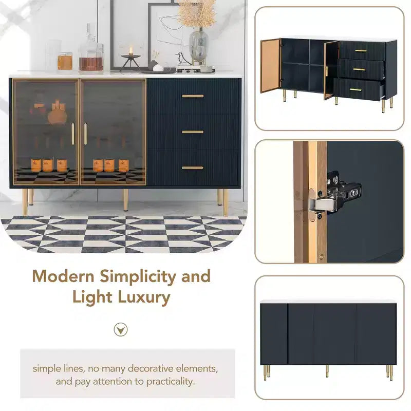 Buffet en MDF avec plateau effet marbre et pieds en métal doré 54,4 kg