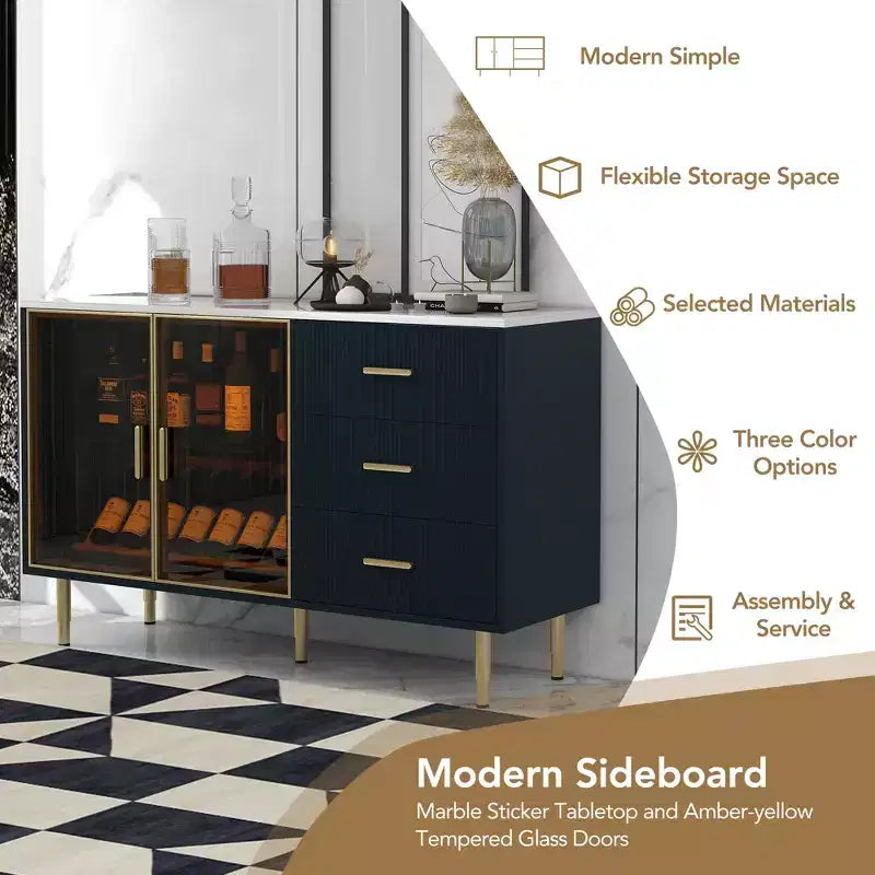 Buffet en MDF avec plateau effet marbre et pieds en métal doré 54,4 kg