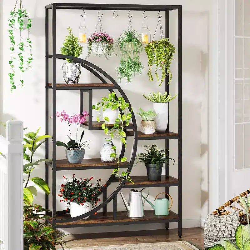 Étagère décorative demi-lune à 7 niveaux en métal avec 6 crochets de suspension