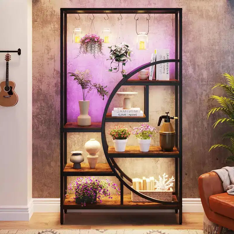 Étagère décorative demi-lune à 7 niveaux en métal avec 6 crochets de suspension
