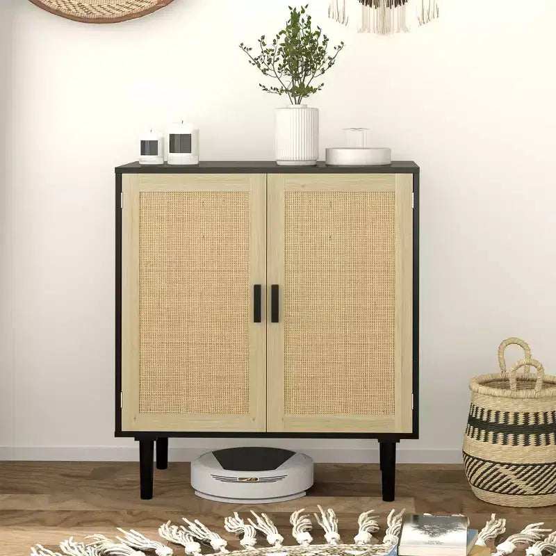 Desserte en aggloméré avec portes en rotin 44 lbs