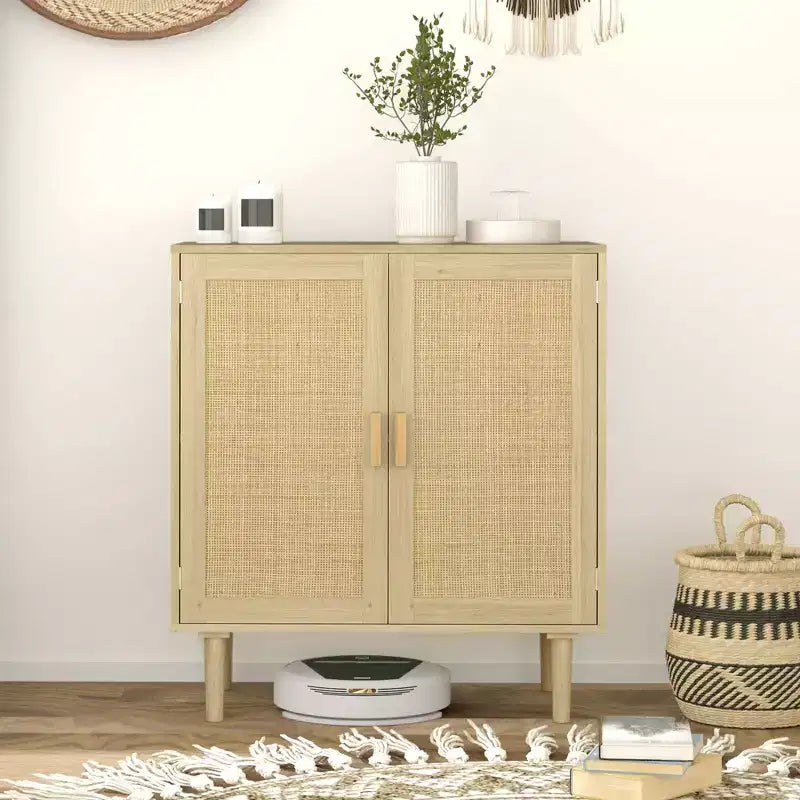 Desserte en aggloméré avec portes en rotin 44 lbs