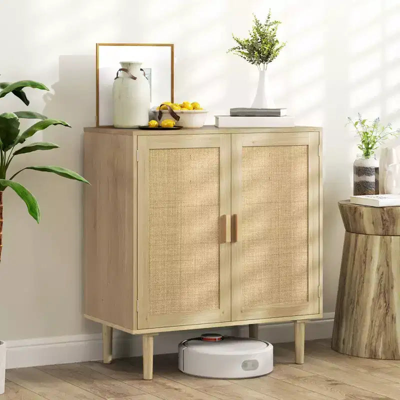 Desserte en aggloméré avec portes en rotin 44 lbs