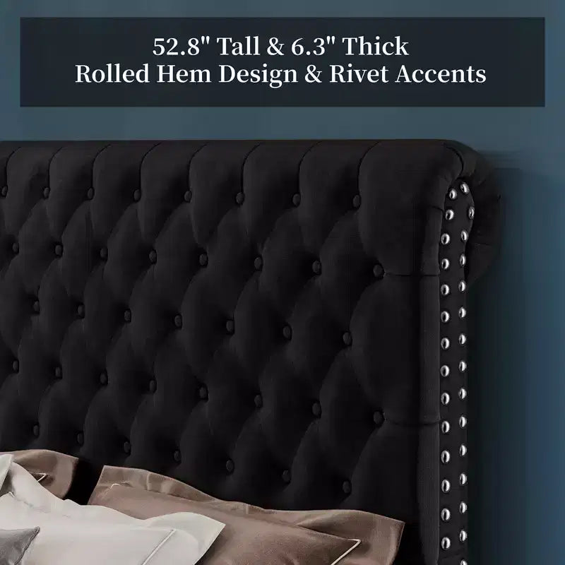 Lit plateforme rembourré en métal avec tête de lit traîneau 52,8"H