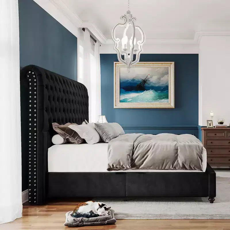 Lit plateforme rembourré en métal avec tête de lit traîneau 52,8"H