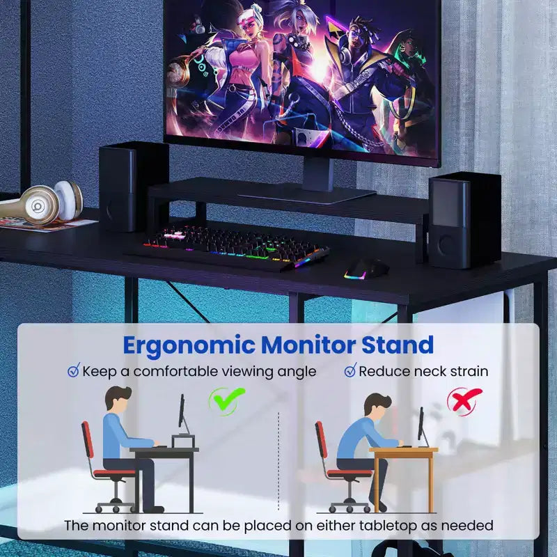 Bureau de jeu en L en métal avec bande LED et prises électriques