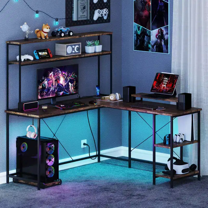 Bureau de jeu en L en métal avec bande LED et prises électriques