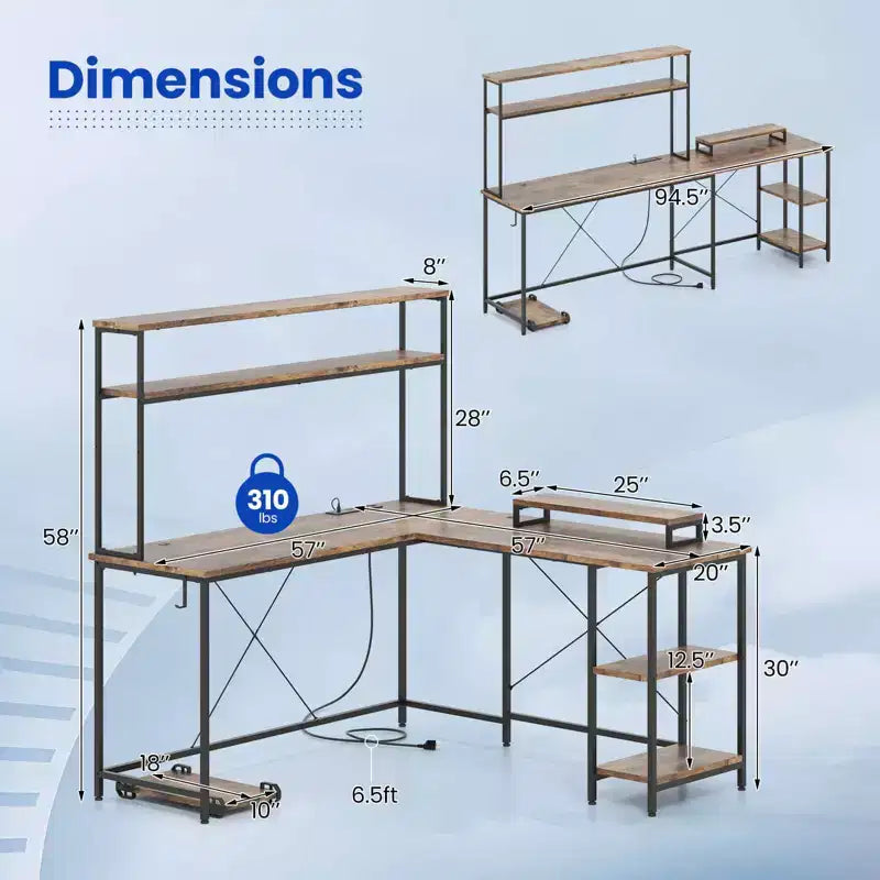 Bureau de jeu en L en métal avec bande LED et prises électriques