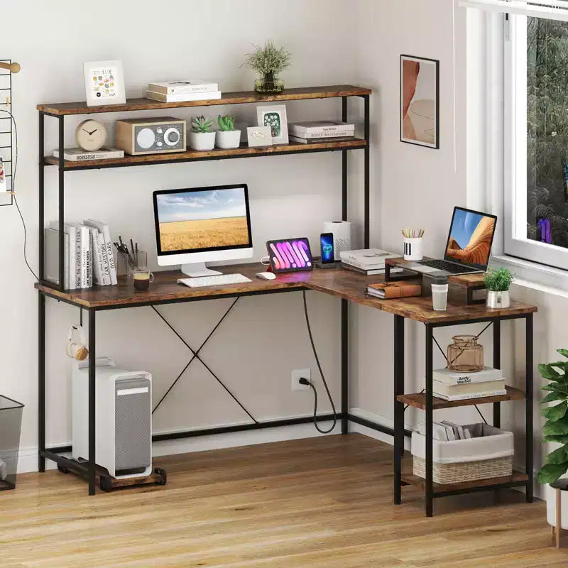 Bureau de jeu en L en métal avec bande LED et prises électriques