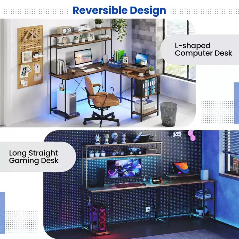 Bureau de jeu en L en métal avec bande LED et prises électriques
