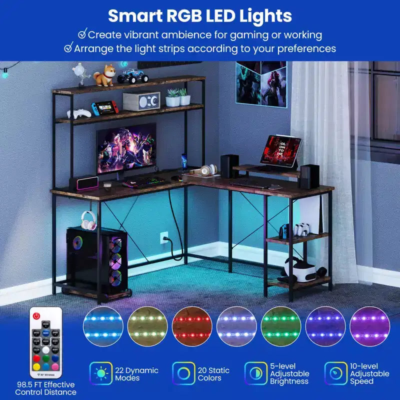 Bureau de jeu en L en métal avec bande LED et prises électriques