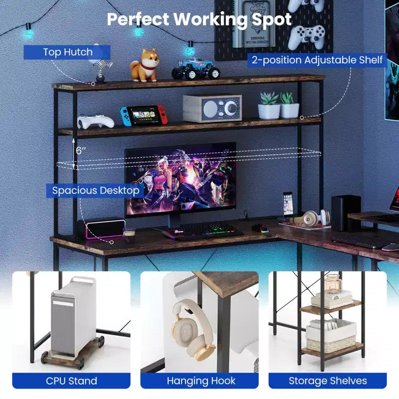 Bureau de jeu en L en métal avec bande LED et prises électriques