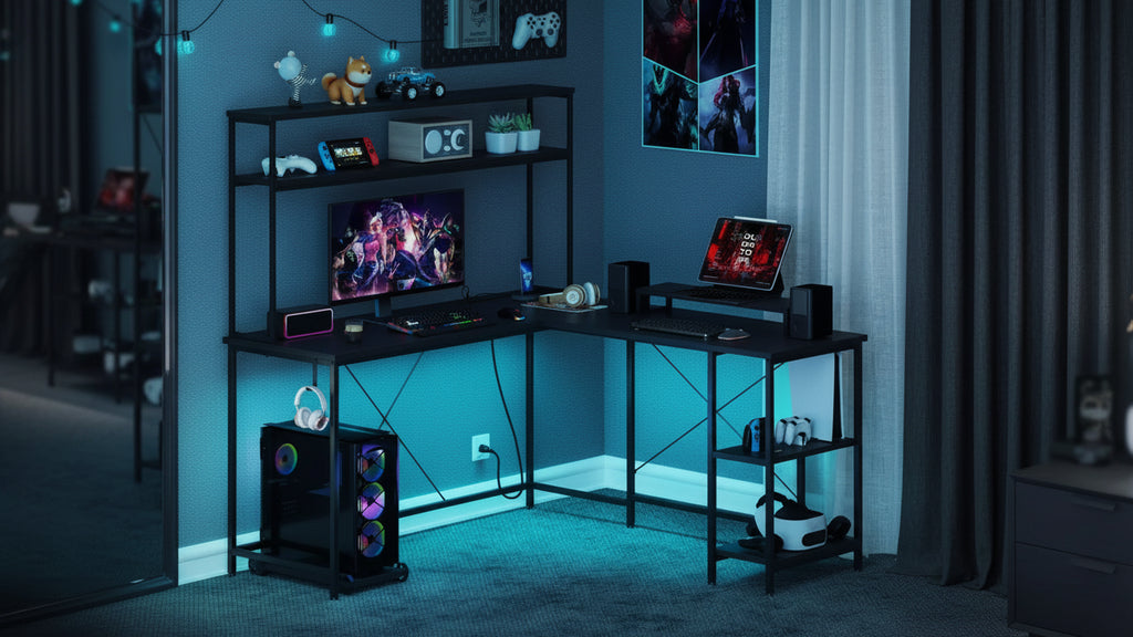 Bureau de jeu en L en métal avec bande LED et prises électriques
