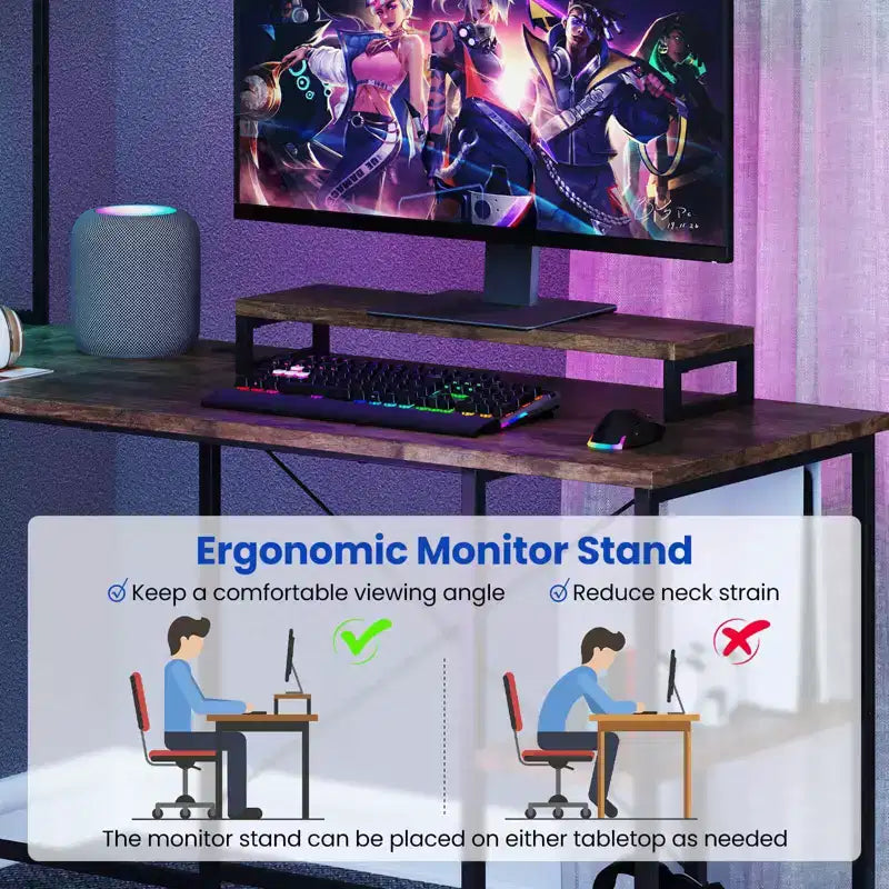 Bureau de jeu en L en métal avec bande LED et prises électriques