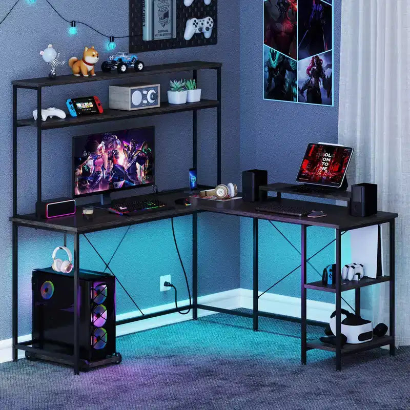 Bureau de jeu en L en métal avec bande LED et prises électriques