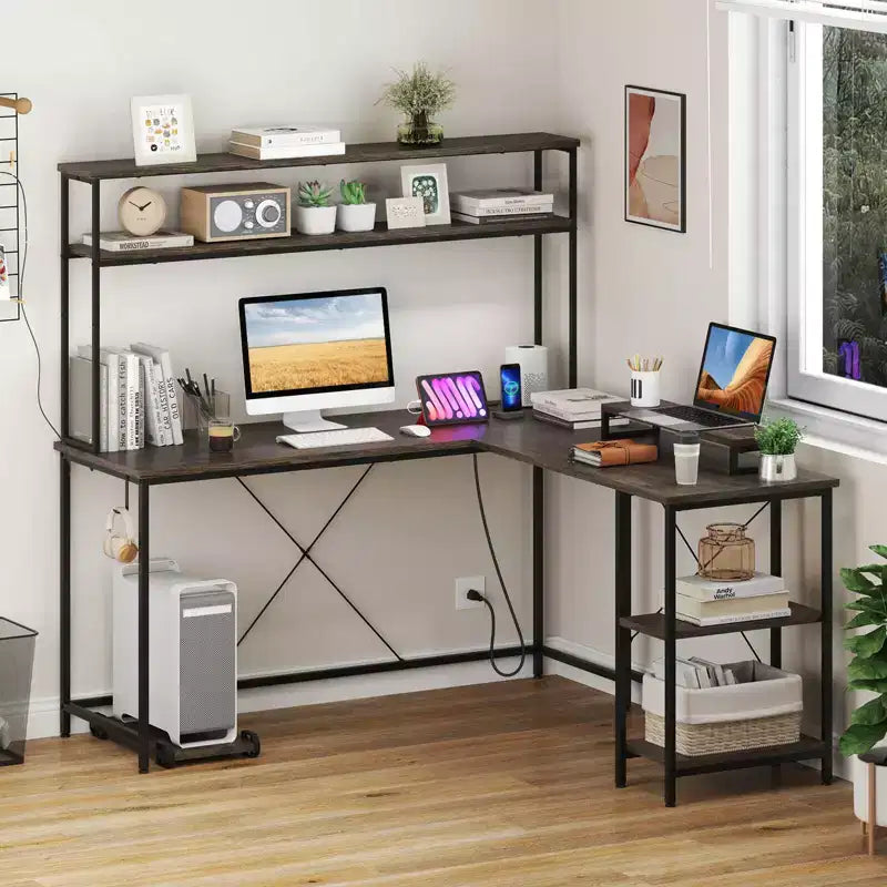 Bureau de jeu en L en métal avec bande LED et prises électriques