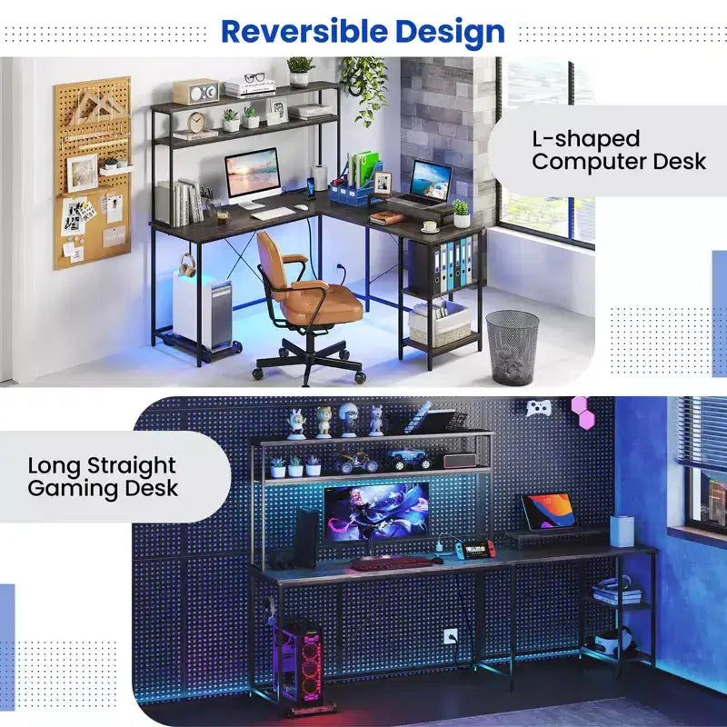 Bureau de jeu en L en métal avec bande LED et prises électriques