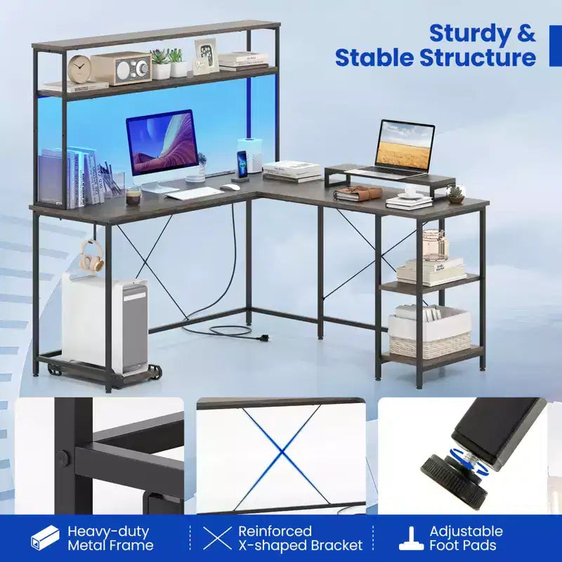 Bureau de jeu en L en métal avec bande LED et prises électriques