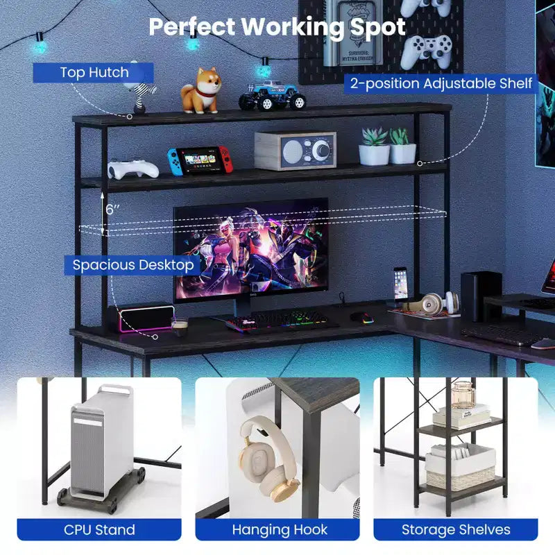 Bureau de jeu en L en métal avec bande LED et prises électriques