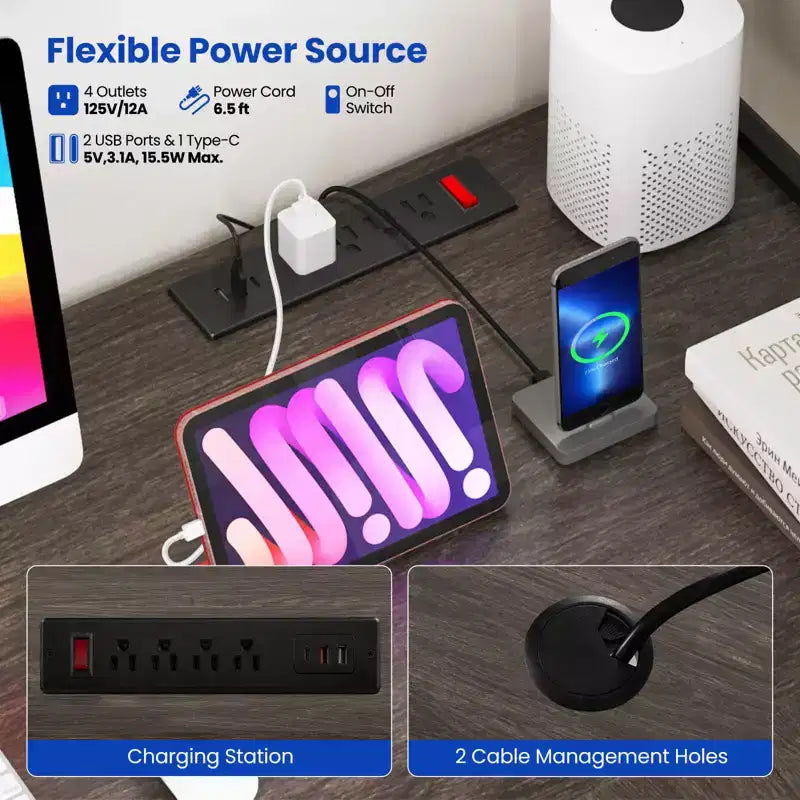 Bureau de jeu en L en métal avec bande LED et prises électriques