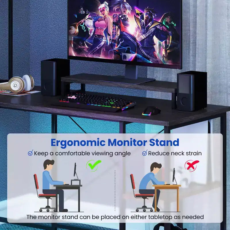 Bureau de jeu en L en métal avec bande LED et prises électriques
