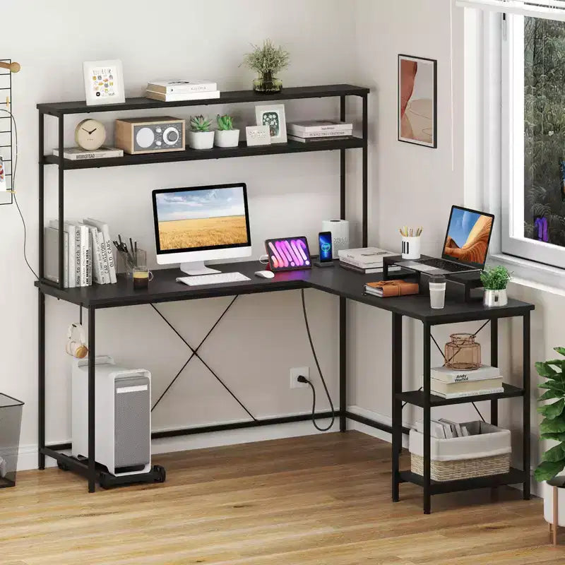 Bureau de jeu en L en métal avec bande LED et prises électriques