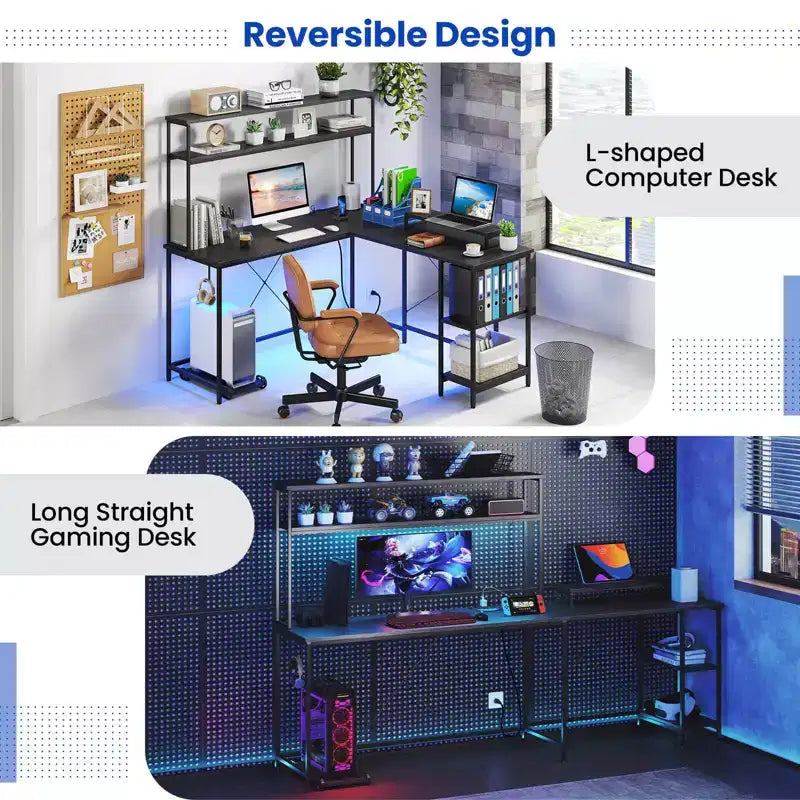 Bureau de jeu en L en métal avec bande LED et prises électriques