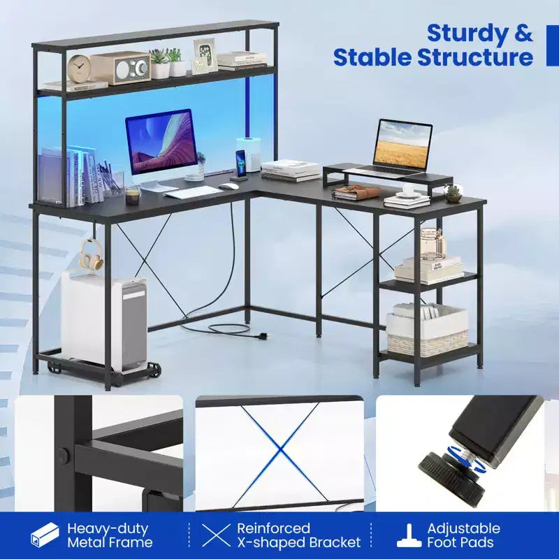 Bureau de jeu en L en métal avec bande LED et prises électriques
