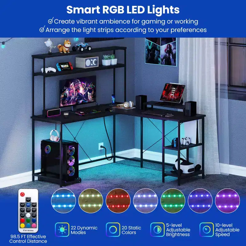 Bureau de jeu en L en métal avec bande LED et prises électriques