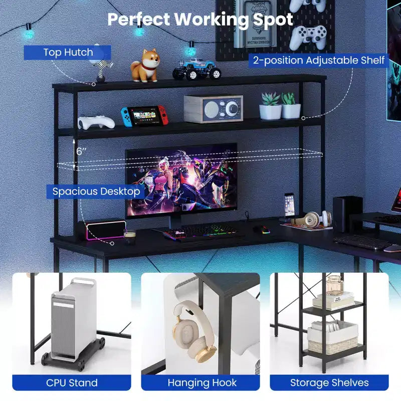 Bureau de jeu en L en métal avec bande LED et prises électriques