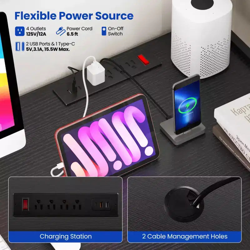 Bureau de jeu en L en métal avec bande LED et prises électriques
