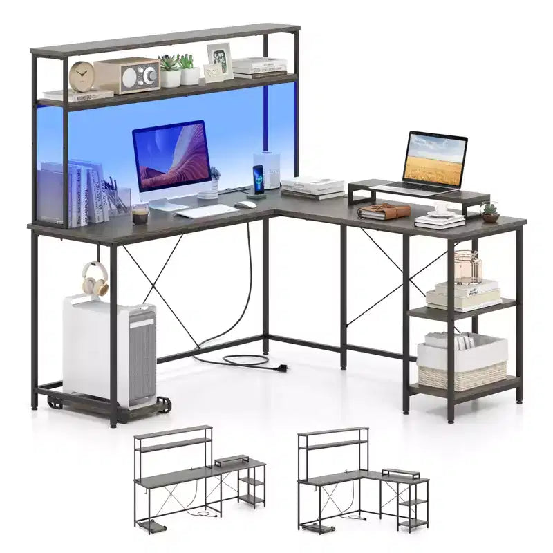 Bureau de jeu en L en métal avec bande LED et prises électriques