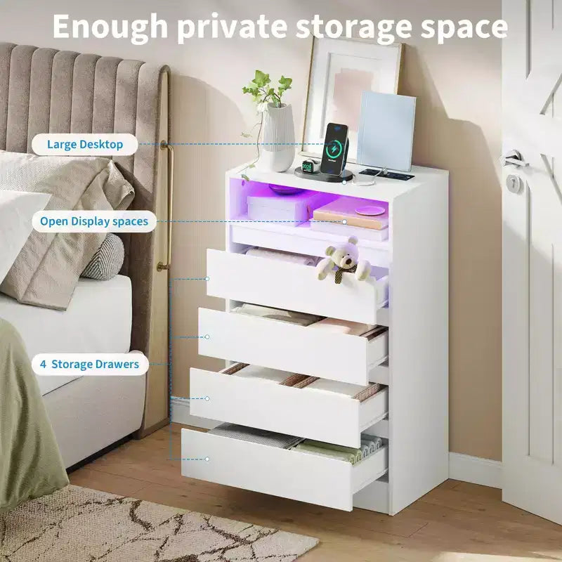 Commode en bois à 4 tiroirs avec bande LED et station de charge 60 cm (L) × 98 cm (H)