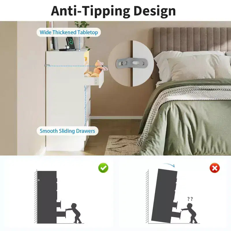 Commode en bois à 4 tiroirs avec bande LED et station de charge 60 cm (L) × 98 cm (H)