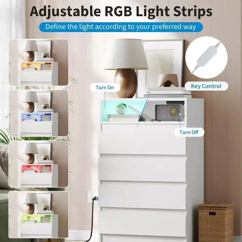 Commode en bois à 4 tiroirs avec bande LED et station de charge 60 cm (L) × 98 cm (H)