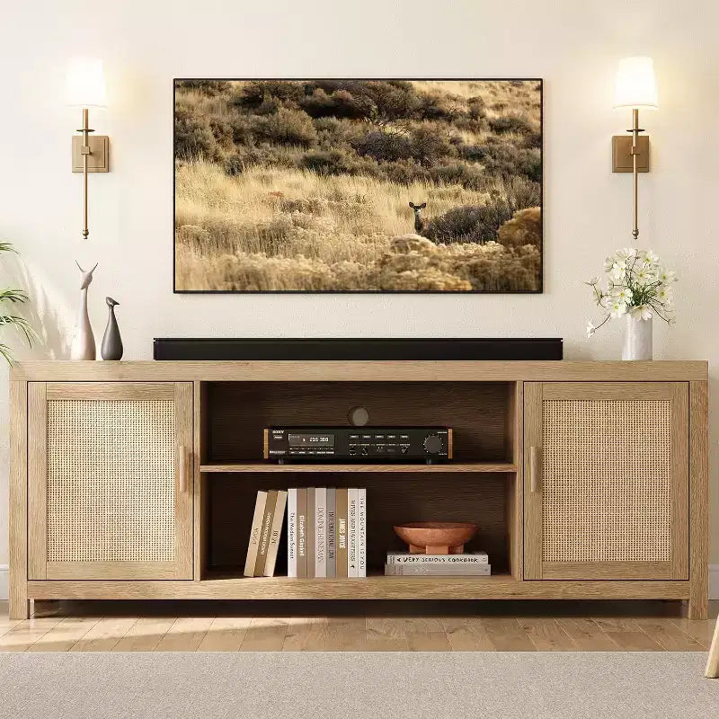 Meuble TV à 2 niveaux en bois dur et rotin avec étagères réglables 75"L