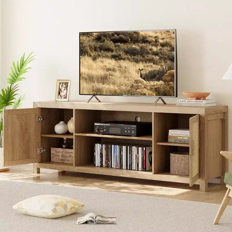 Meuble TV à 2 niveaux en bois dur et rotin avec étagères réglables 75"L