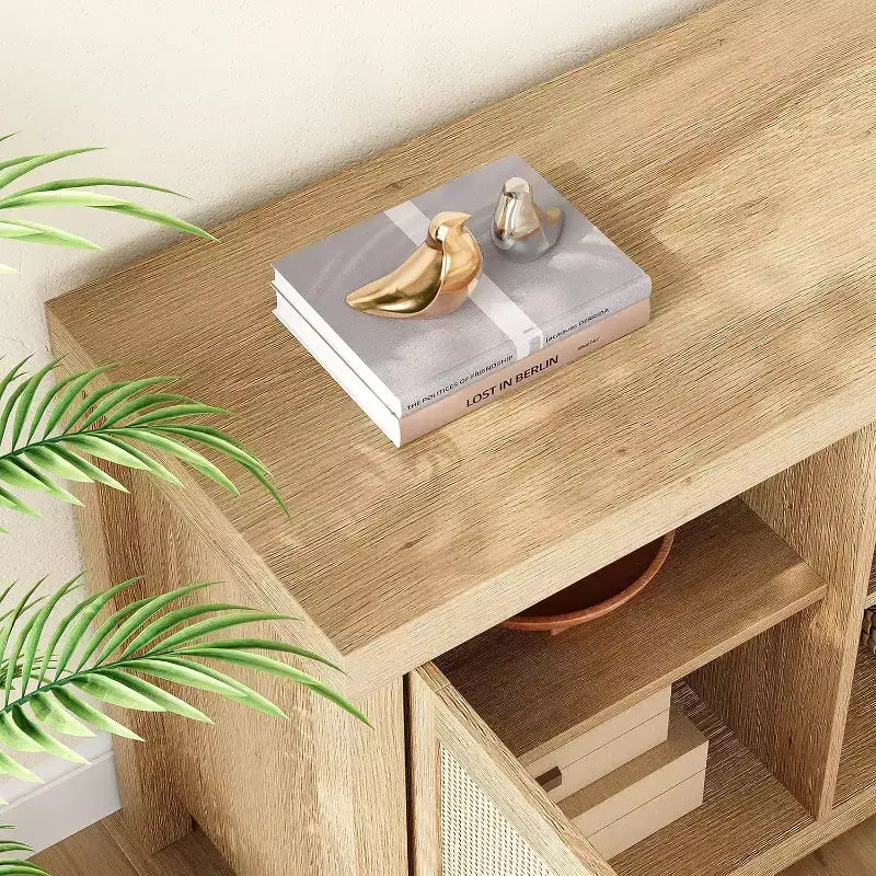 Meuble TV à 2 niveaux en bois dur et rotin avec étagères réglables 75"L