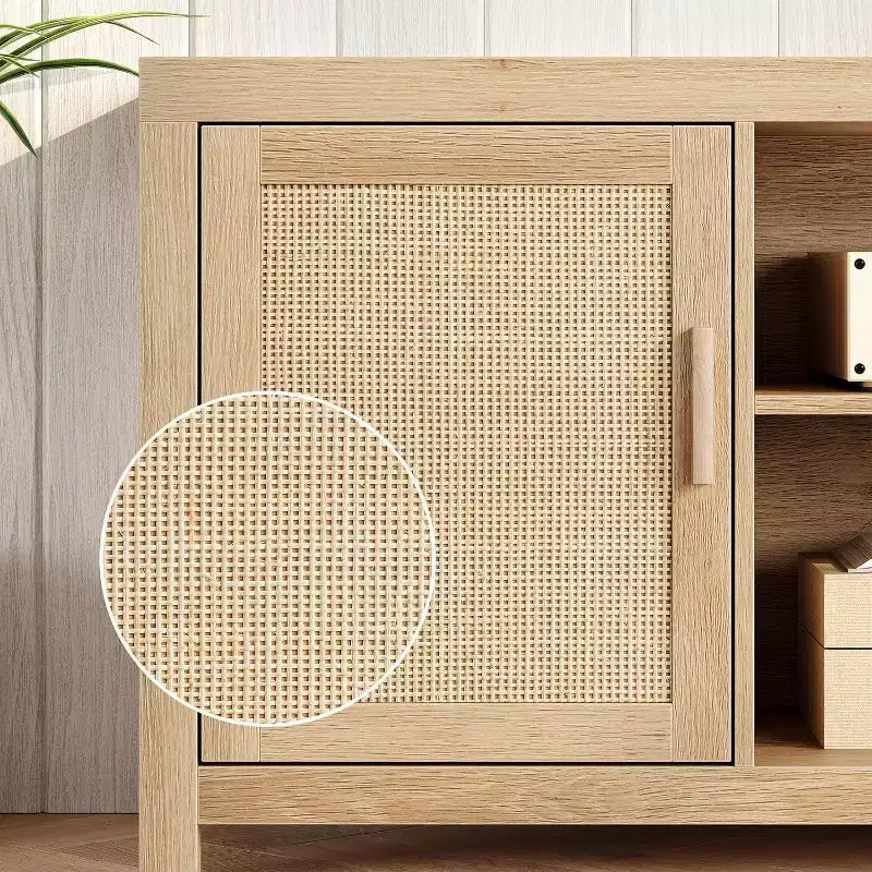 Meuble TV à 2 niveaux en bois dur et rotin avec étagères réglables 75"L