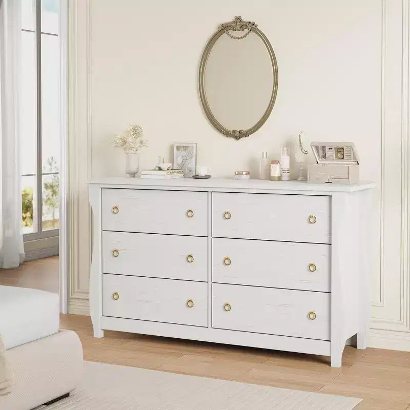 Commode en bois et rotin à 7 tiroirs et pieds incurvés - 132 cm L