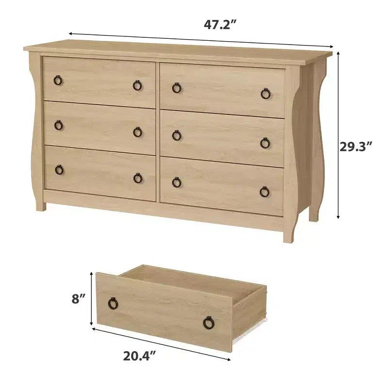 Commode en bois et rotin à 7 tiroirs et pieds incurvés - 132 cm L