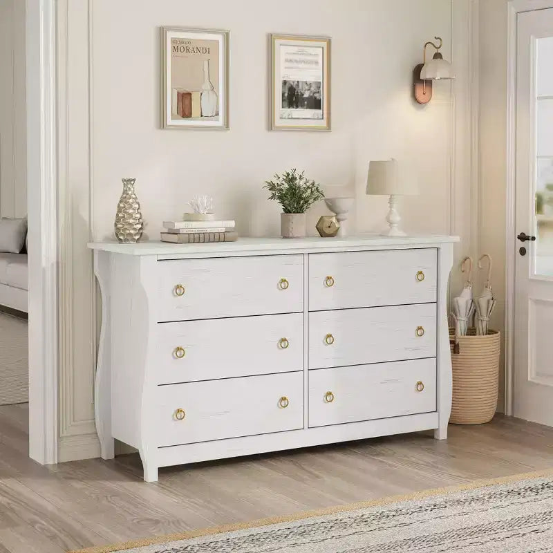 Commode en bois et rotin à 7 tiroirs et pieds incurvés - 132 cm L