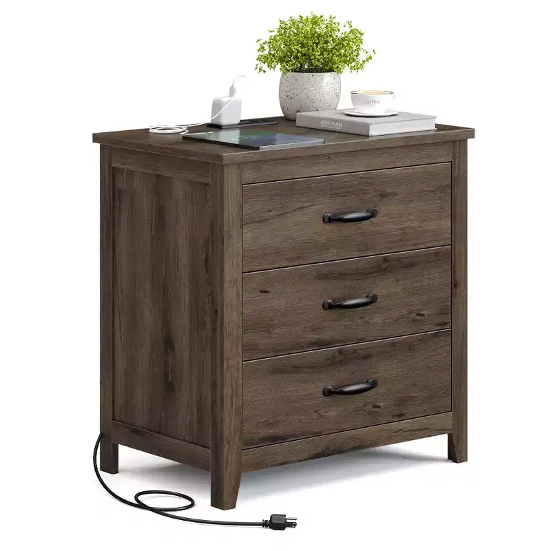 Table de chevet à 3 tiroirs en MDF avec station de charge 23,6"L × 24,8"H