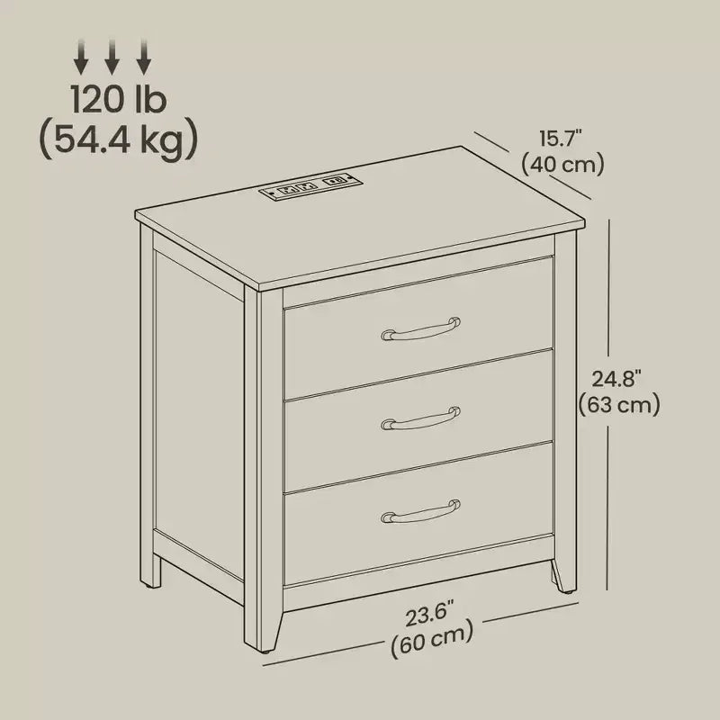 Table de chevet à 3 tiroirs en MDF avec station de charge 23,6"L × 24,8"H