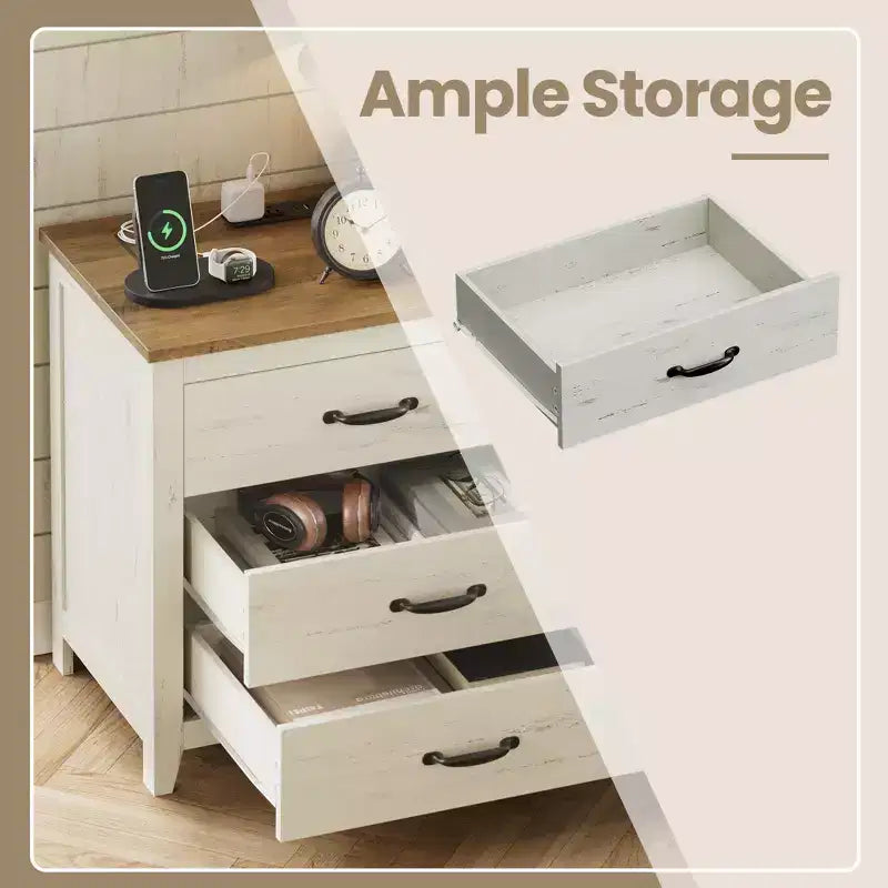 Table de chevet à 3 tiroirs en MDF avec station de charge 23,6"L × 24,8"H