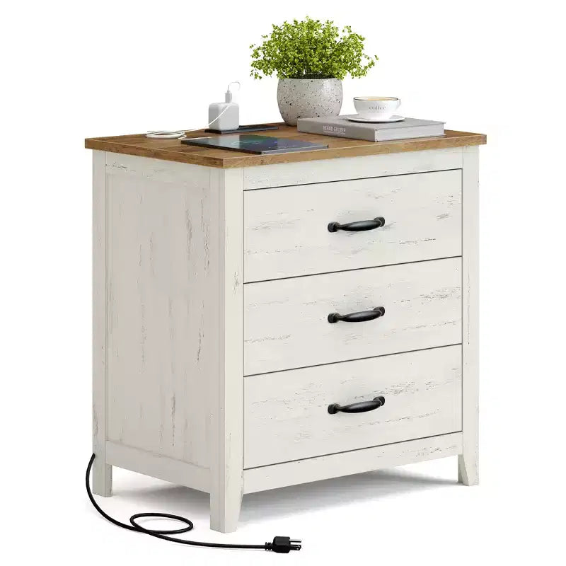 Table de chevet à 3 tiroirs en MDF avec station de charge 23,6"L × 24,8"H