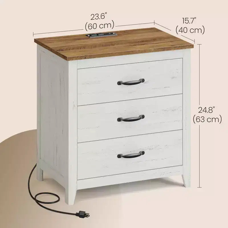 Table de chevet à 3 tiroirs en MDF avec station de charge 23,6"L × 24,8"H
