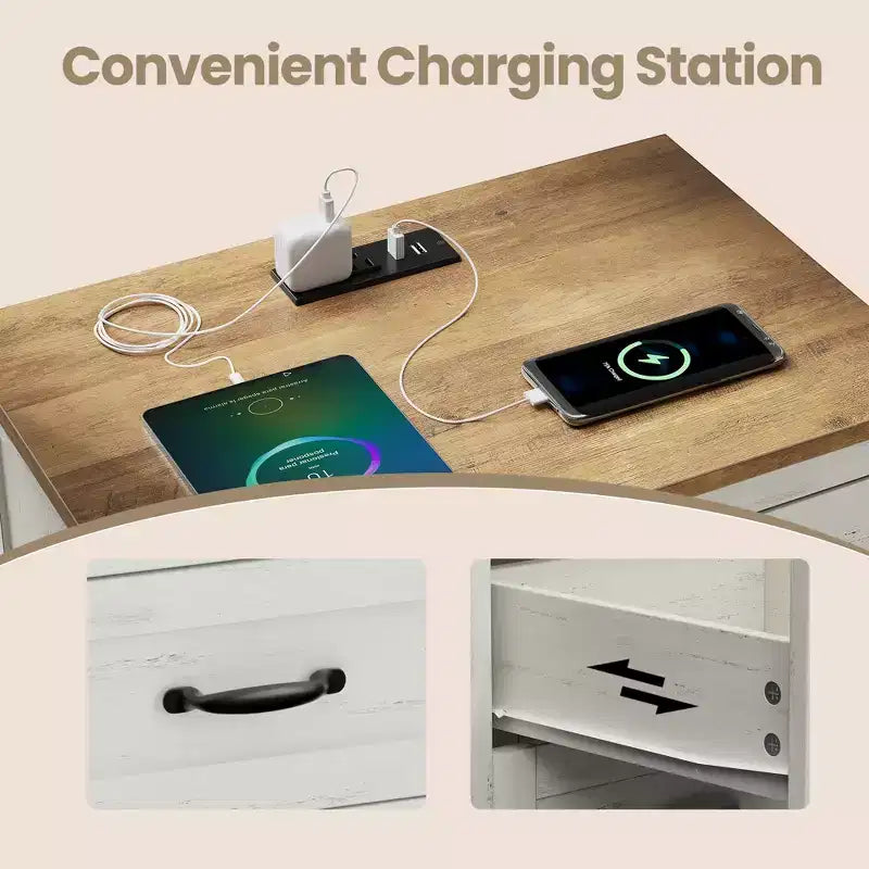 Table de chevet à 3 tiroirs en MDF avec station de charge 23,6"L × 24,8"H